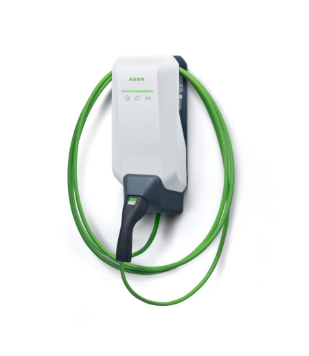 Keba_P40_white_side3_11kW_green cable-green bar Keba P40 white side3 11kW green cable green bar