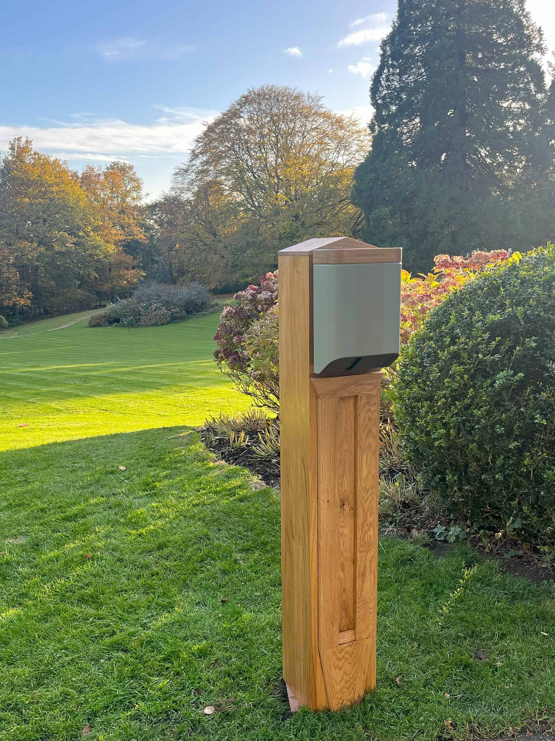 Hand-made wooden EV charger post