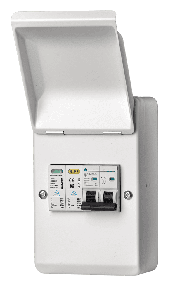 WCED 2 Module MCB (40C) Plus Surge Protection, in 4 Way Metal Box. WMKB240CSP