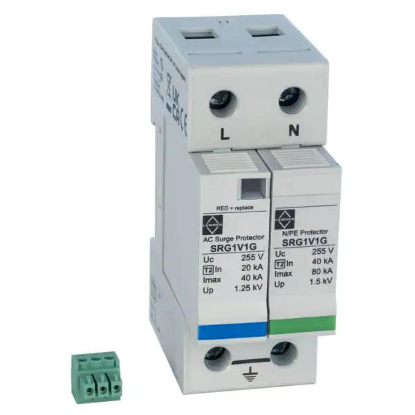 Lewden-SRG1V1G-50kA-2-Module-Single-Pole-and-Earth-Type-2-Surge-Protector
