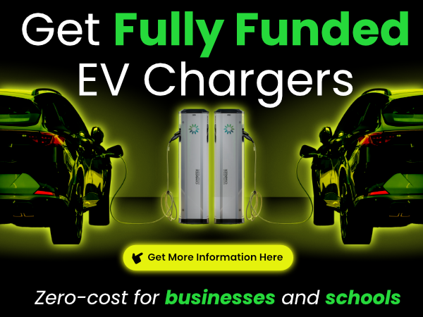 A colourful image of an banner depicting EVIE Life Zero-Cost EV Charging for Businesses