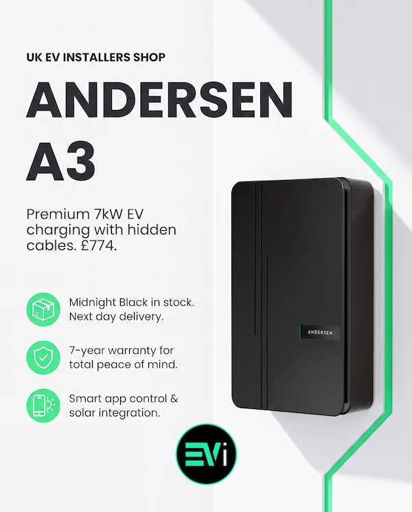 Andersen A3 Charge Point – Midnight Black Metal Front, 7kW, 5.5m tethered. A3JB755